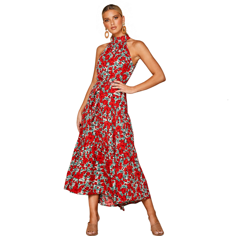 

2021 Women Casual Midi New Summer Floral Print Belt Beach Boho Long Sexy Sleeveless Party Elegant Ladies Es 5zo1, Color-1