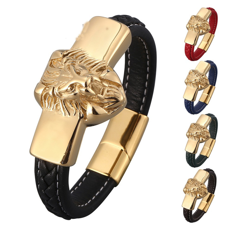 

Cool Men Jewelry 18K Gold Plated Stainless Steel Lion Head Charm Leather Bracelet with Magnetic Buckle
