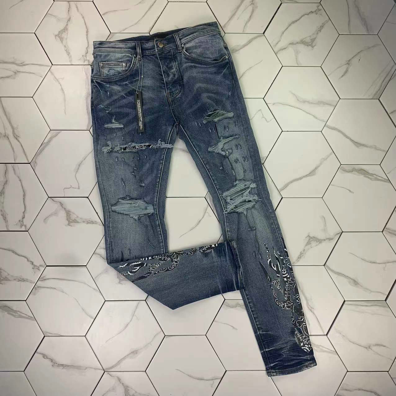 

HM523 High quality Mens jeans Distressed Motorcycle biker jean Rock Skinny Slim Ripped hole stripe Fashionable snake embroidery Denim pants, Blue