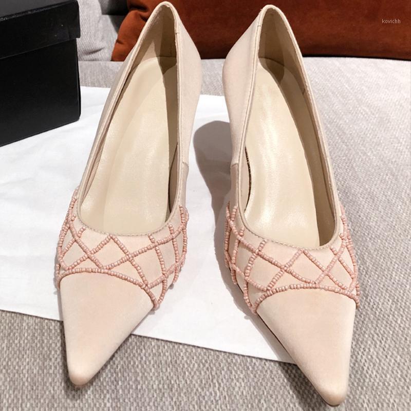 

Elegant Design Women Pumps Silk String Bead Pointed Toe Party High Heels Solid Color 2021 Summer Ladies Shoes Dress, As picture