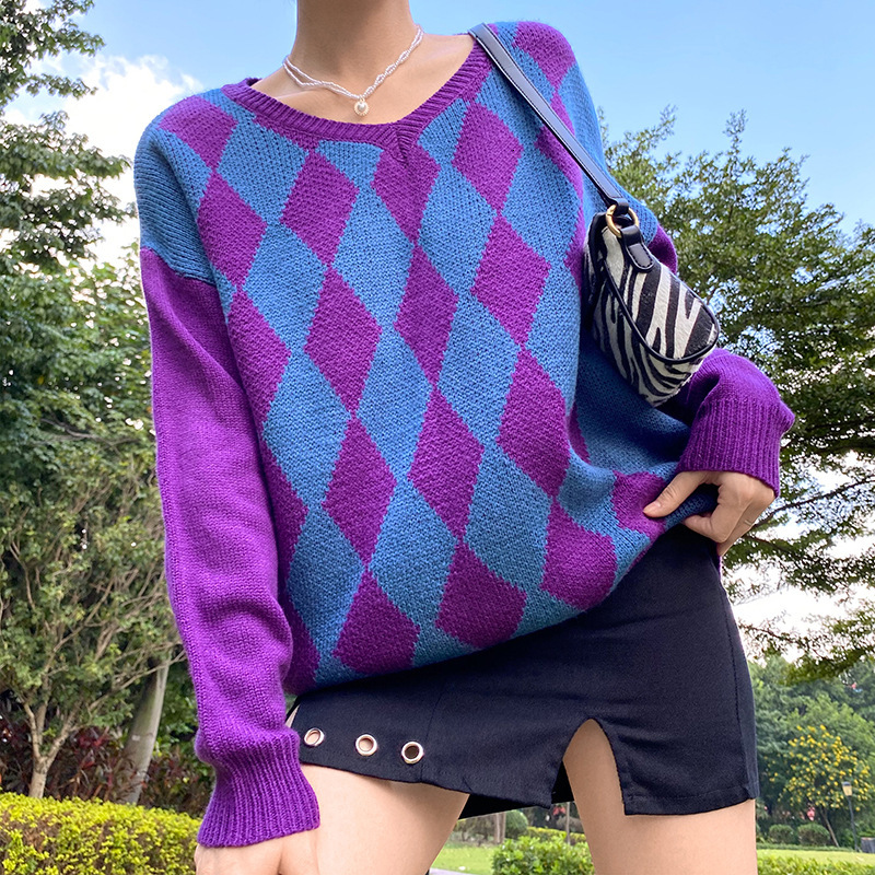 

2021 Purple Contrast Plaid V-neck Sweater Women Vintage Preppy Style Girl Oversized Loose Casual Streetwear Long Sleeve Winter Korean Y6vj, Bust 112cm