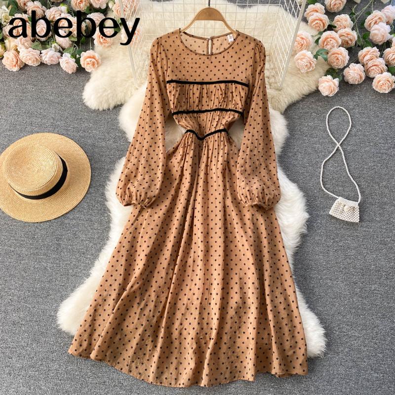 

Casual Dresses Elegant French Dot Dress Female Long Sleeve O Neck Streetwear A-line 2021 Autumn Vacation Midi, Black;gray