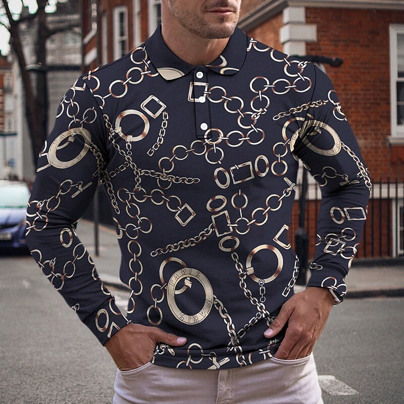 Men's Golf Shirt 3D Print Floral Chains Print Collar Casual Daily Button-Down Print Long Sleeve Tops Casual Fashion Cool Breathable Blue Whi