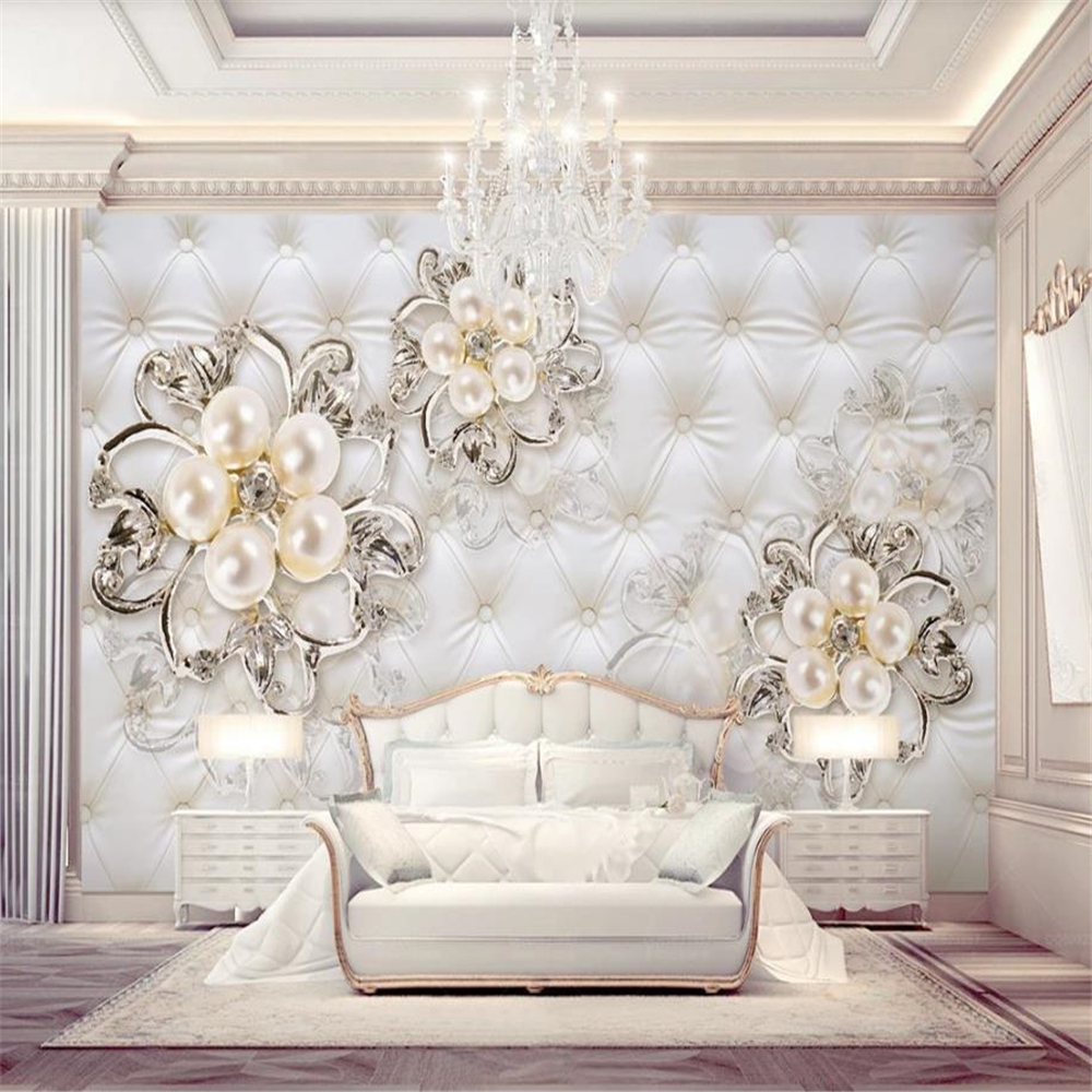 

Beautiful 3d murals wallpaper for living room European-style soft bag 3D three-dimensional pearl flower wallpapers TV background wall, Beige