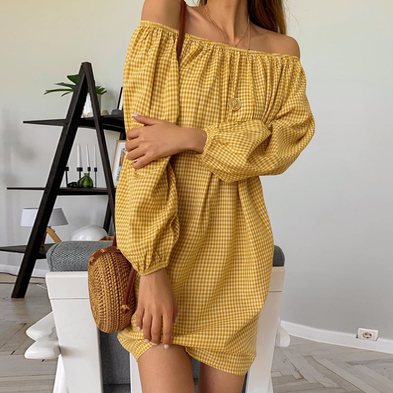 

2021 New Women Spring Off the Shoulder Plaid Casual Long Sleeve Straight Yellow Female Mini Beach Holiday Vestidos Pzyj