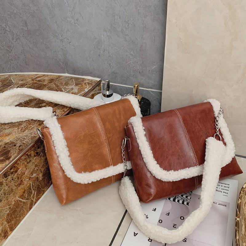 

Fashion Splicing PU Plush Shoulder Handbag Autumn Women Large Capacity Top-handle Bag Street Vintage Tote Satchel, Dark brown