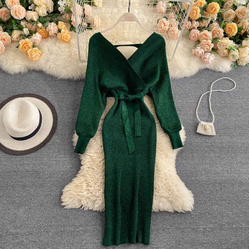 

Casual Dresses ALPHALMODA Spring Autumn V-neck Pullover Sparkling Women Vintage Knitting Sashes Solid Knee Length Sweater IQ7P, 1# packing bag