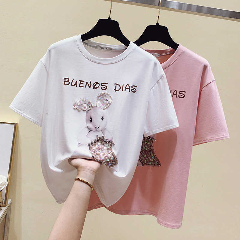 

Harajuku Summer Tops Women T shirt Cotton White Loose Short Sleeve Oversize T-Shirt Woman Beading Kawaii Korean Clothes Pink 210604