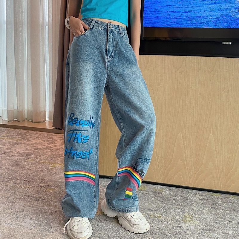 

2021 New High-waisted Jeans High-legged Denim Blue Form Vintage Streetwear Quality Fashion Harajuku Slacks Straight R9xy