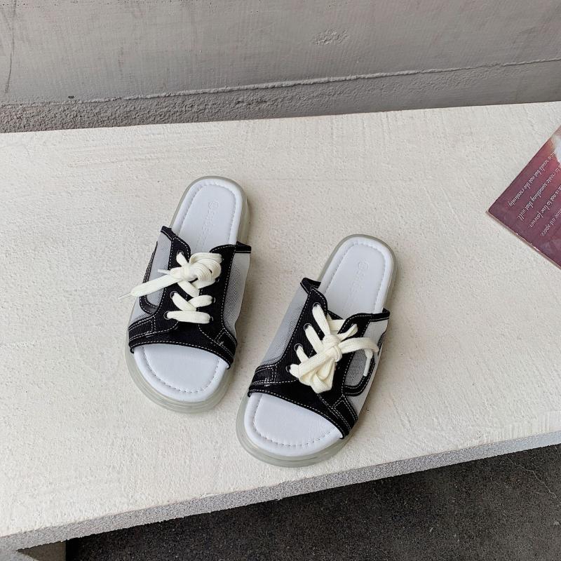 

Slippers Women's Summer Wear Fashion 2021 Korean Leisure Lazy Flat Bottom Lace Up Half Net Red Cool, Black