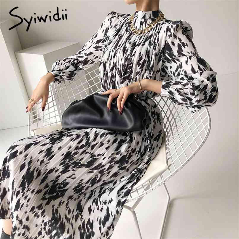 

Print pleated dresses for women Long sleeve chiffon spring summer stand collar Loose style vintage dress sashes 210607, White