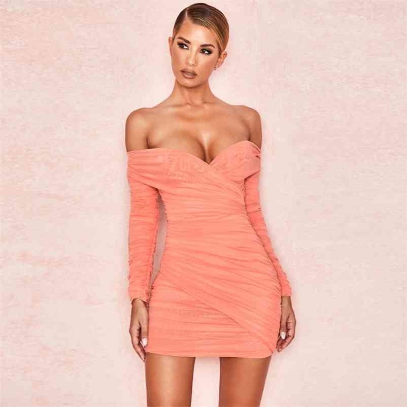 

Women Slash Neck Buttocks Mesh Dress Solid Color Long Sleeve High Waist Fashion Spring Summer 11B103 210525, Pink