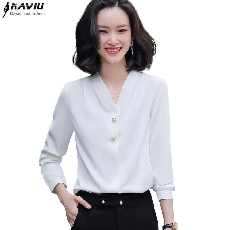 

V Neck Shirt Women Spring Chiffon Long Sleeve Slim Blouses Office Ladies Fashion Elegant Work Tops 210604, White