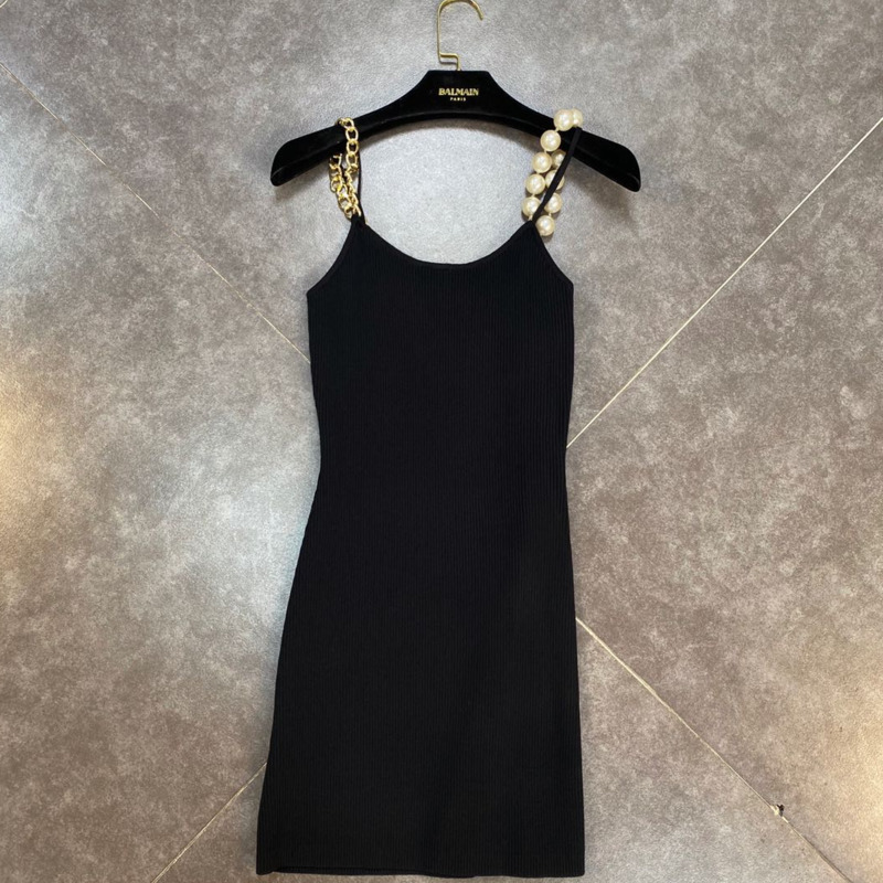 

Women Black Knitted Buttocks Suspender Dress Round Collar Pears Shoulder Strap Zipper Fashion Spring Summer 11B385 210525