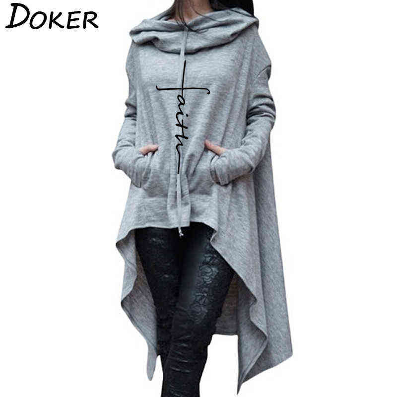 

Faith Letter Embroidered Long Hoodies Women Long Sleeve Irregular Hem Pocket Sweatshirt Female Plus Size Pullover Tops 211108, Red