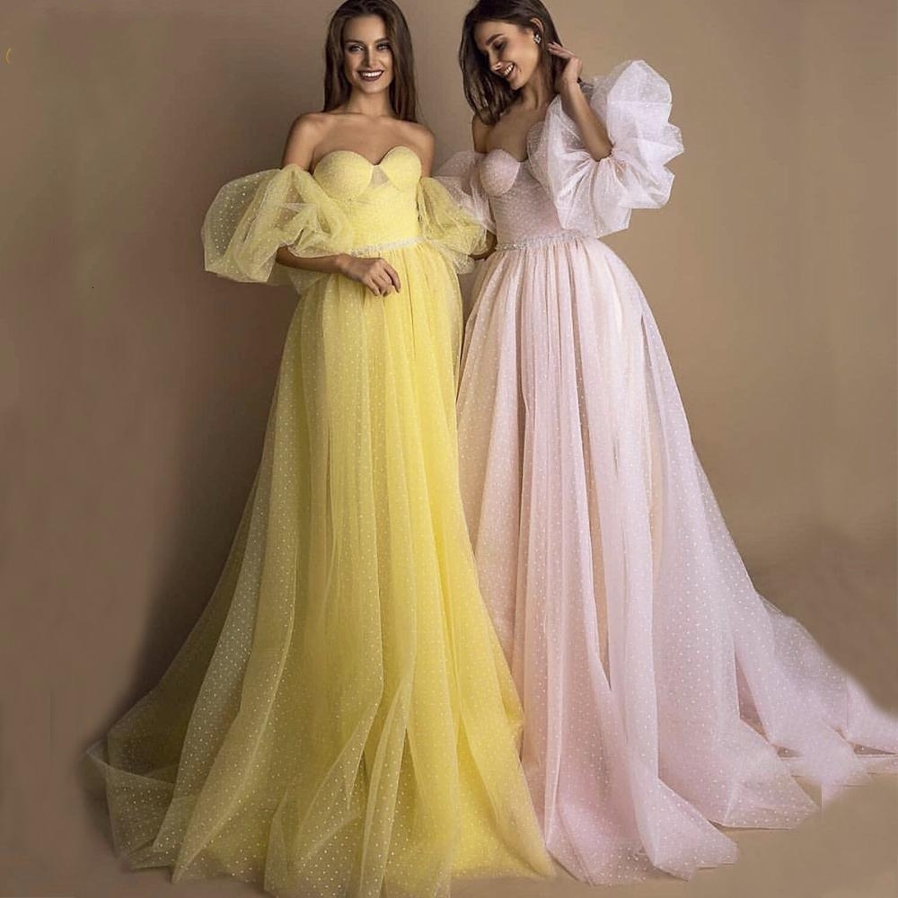 

2021 New Bright Yellow Prom Pink Dot Tulle A-line Long Party Formal Evening Es with Detachable Sleeves 24re
