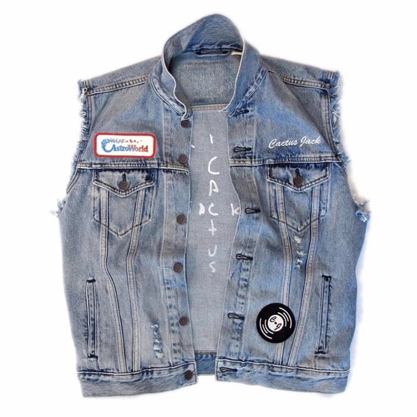 

2021 New Sleeveless Travis Scott Cactus Jack Denim Jacket Women Vest Astroworld Cowboy Jean Mens Fashion Coat Sckm