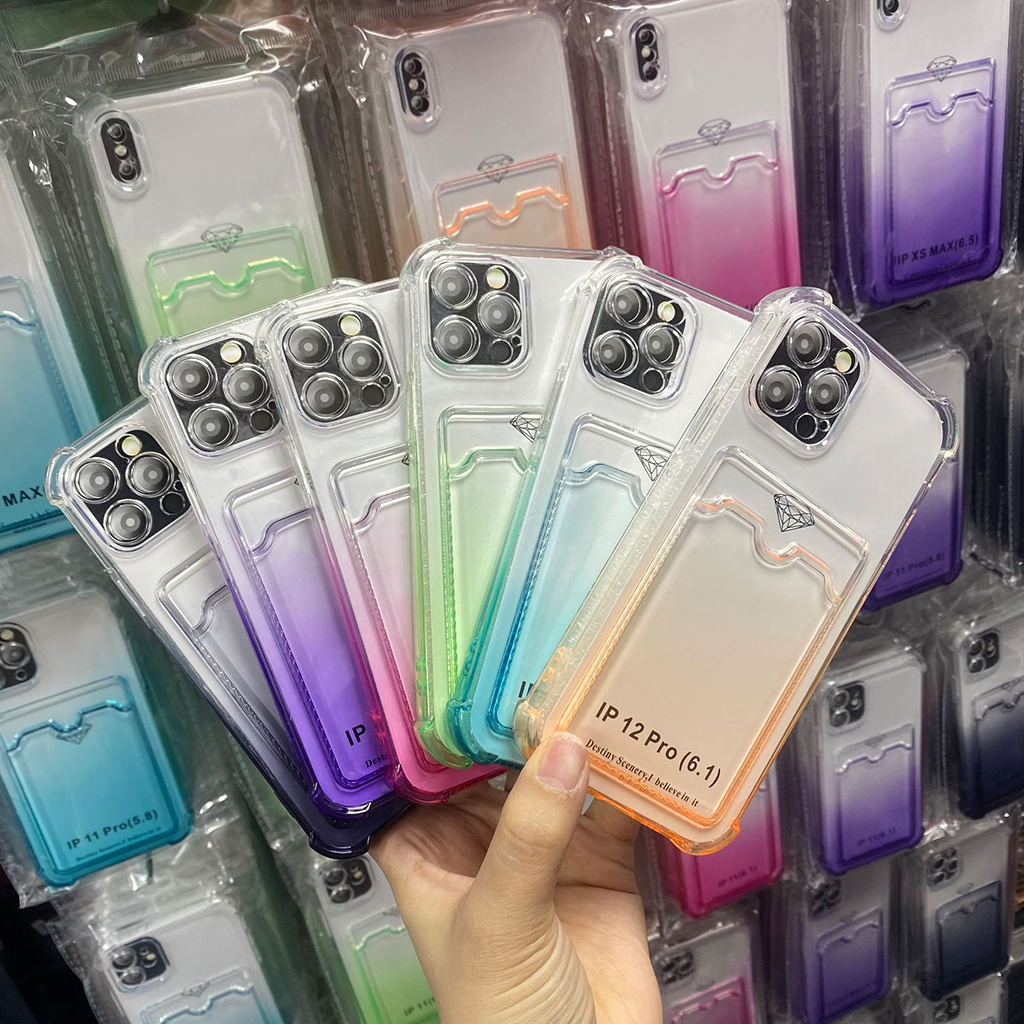 

Gradient Color Card Slot Transparent Soft TPU Shockproof Phone Cases for iPhone 12 11 Pro Max Mini XR XS X 8 7 Plus, Green