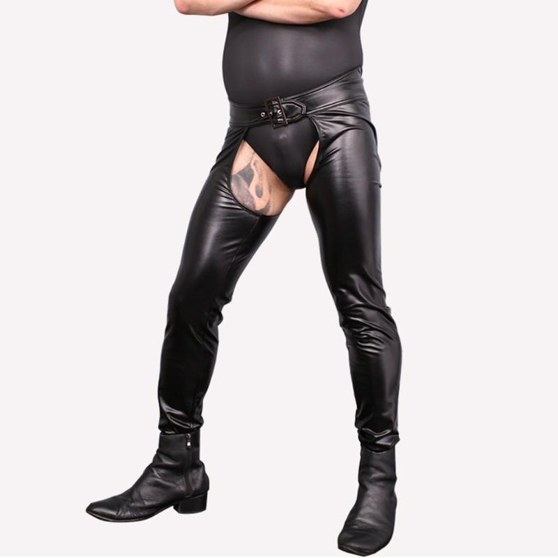 

Men's Pants Sexy Men Faux Leather Pu Matte Shiny Fashion Role Open Crotch Soft Skinny Pencil Hollow Out Hip Gay Wear F89, Black