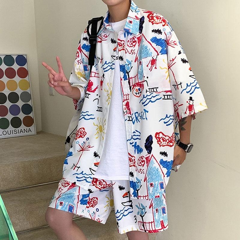 

Men's Casual Shirts Hawaiian Mens Printing Set Short Sleeve Summer Floral Shirt Beach Two Piece Suit 2021 Fashion Men Sets M-3XL, 1129black suit