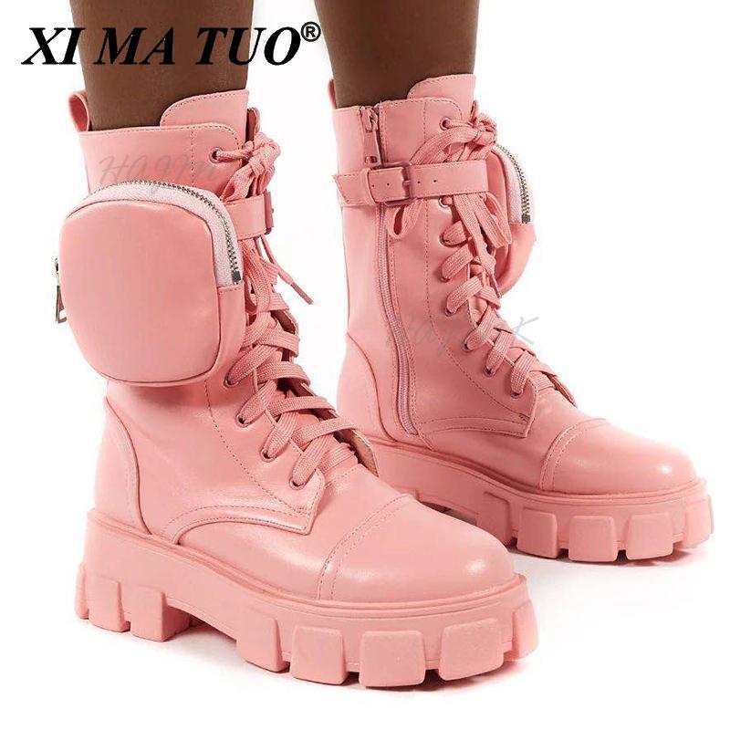 

Boots Women 2021 Fashion Chunky Pocket Platform White Shoes For Autumn Winter High Heels Botas Mujer, Black