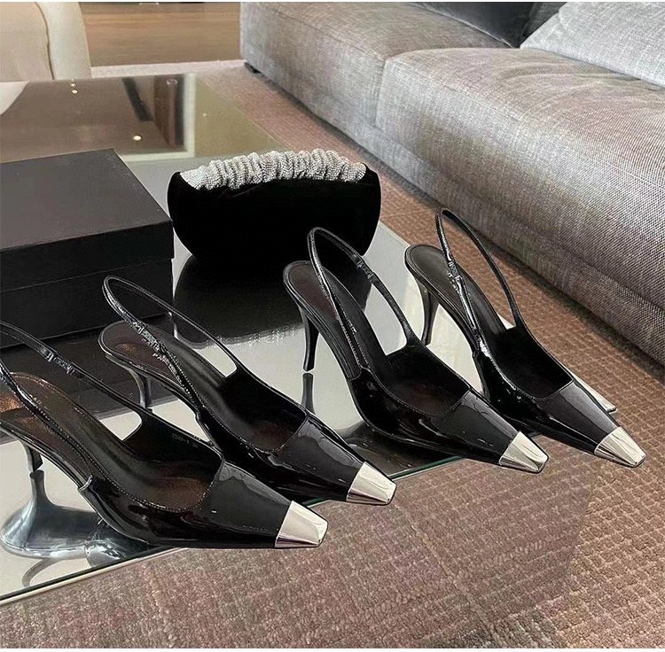 

Luxury Women's Dress Shoes Classic Ladies Patent Leather Square iron Toes Pumps Slingback High heels, Black