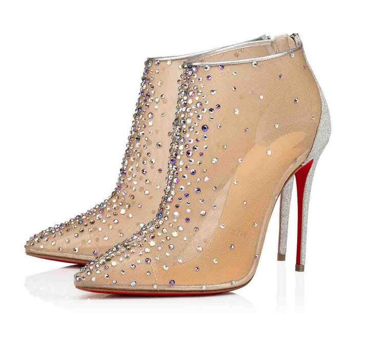 

Womens high quality red bottom boots rhinestone suede Leather and zipper opening design bottes luxe designer women