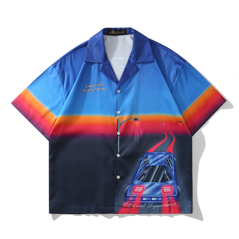 

2021 New High Street Gradient Block Color Summer Shirts Men and Women Short Oversize Casual Hawaii Shirt Hip Hop Tops 8igl, Blue