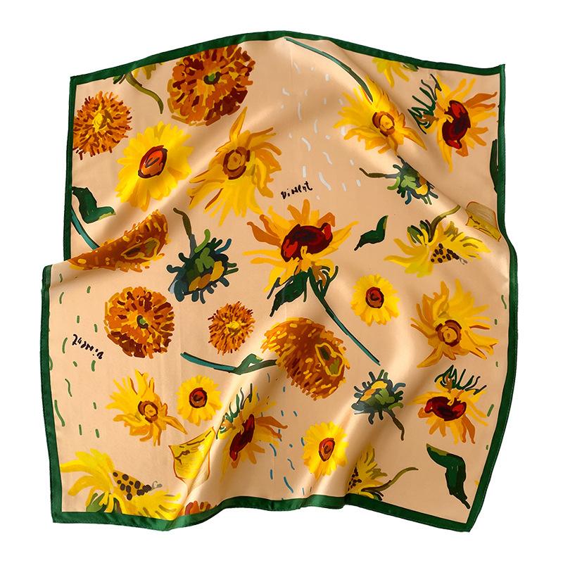

Scarves 100% Real Silk Scarf Women 53*53cm Art Sunflower Print Mulberry Square High Quality Elegant Hairband