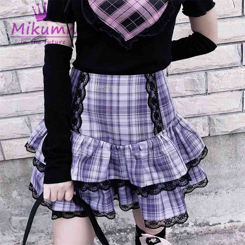 

Japanese Harajuku Girls Sweet Lace Plaid High Waist Pleated Skirt Gothic Cute Lolita Cake Mini Skirts 210629, Red