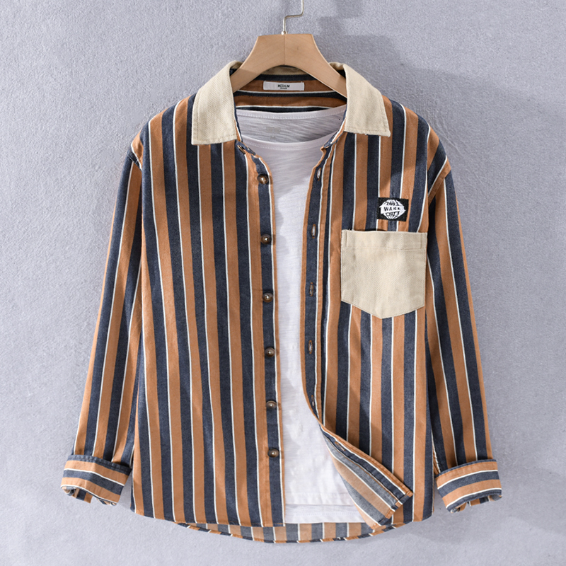 

2021 Spring and in the Fall Thick Long Sleeves Retro Striped Fashions Men's Casual Japanese Man's Shirt Chemise Ieys, Blue