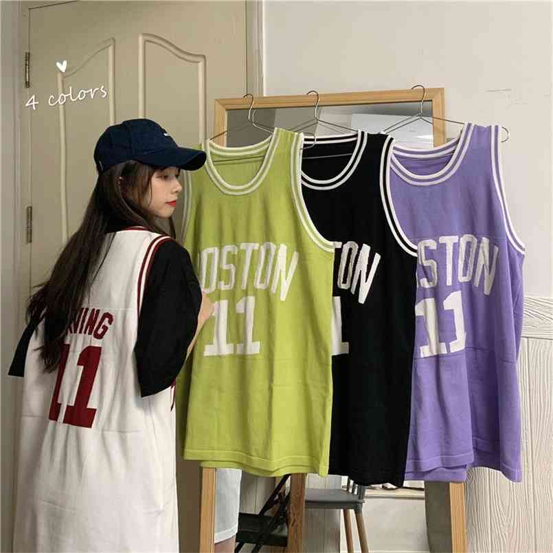 

Summer Harajuku Sleeveless T-shirt Student Basketball Causal Print Letter Loose Sports Ball Suit Female Long Women 210708, White vest