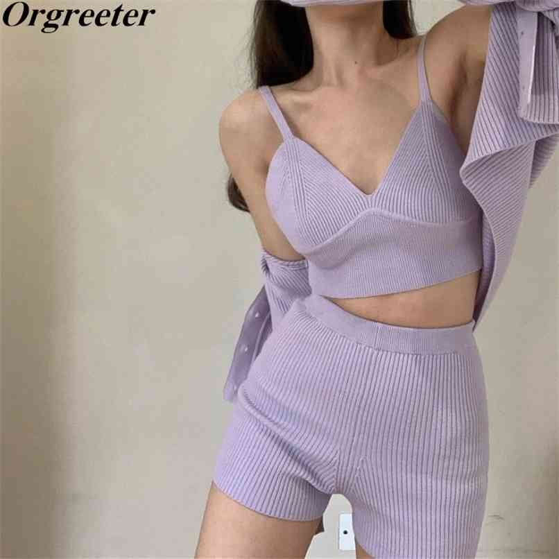 

Knitted Tracksuit Women Summer Fashion Purple Rib 3 Piece set Female Long Sleeve Cardigan + V-Neck Vest Shorts Outfits Black 210602, Purple 2 piece set