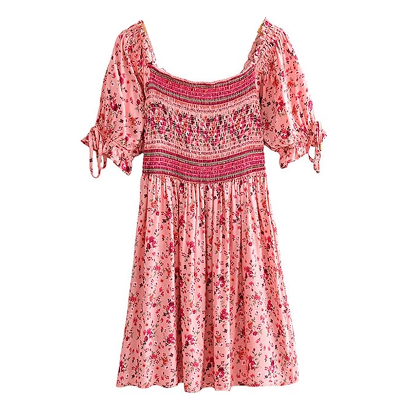 

Holiday Wood ears Ruffles Slash Collar Floral Print Pleated Elastic Ruched Women Dress BOHO Puff Sleeve Mini Short Dresses, Red