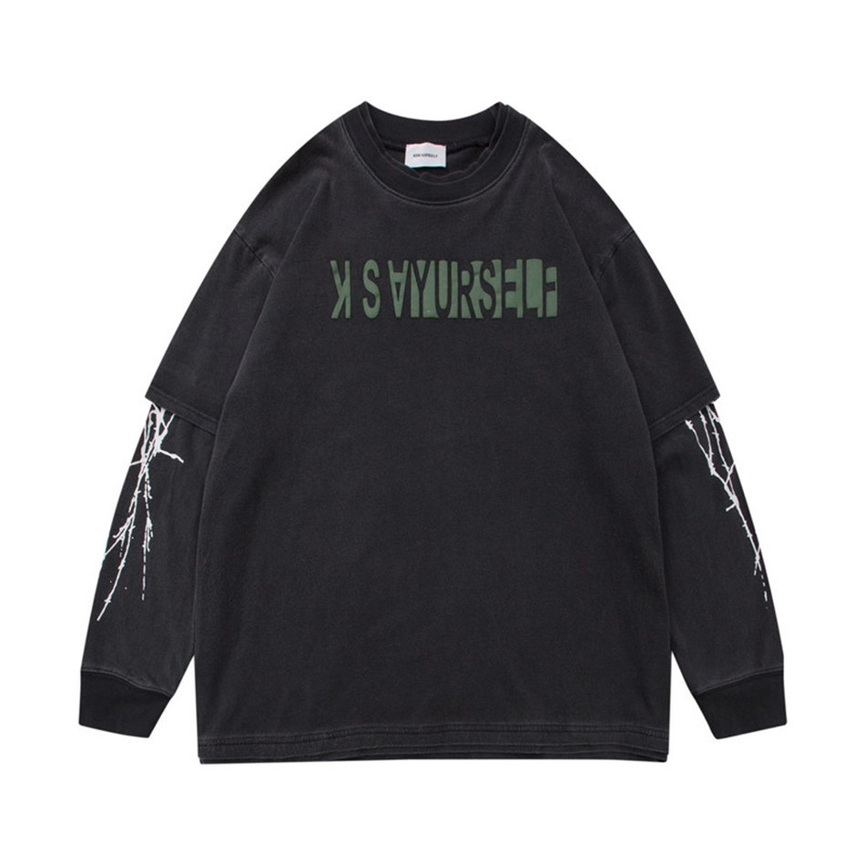 

2021 New Long Sleeve Foaming Printing Askyurself T-shirt Women Men Mock Two-piece Vintage Top Tee Oversized t Shirt 3sav