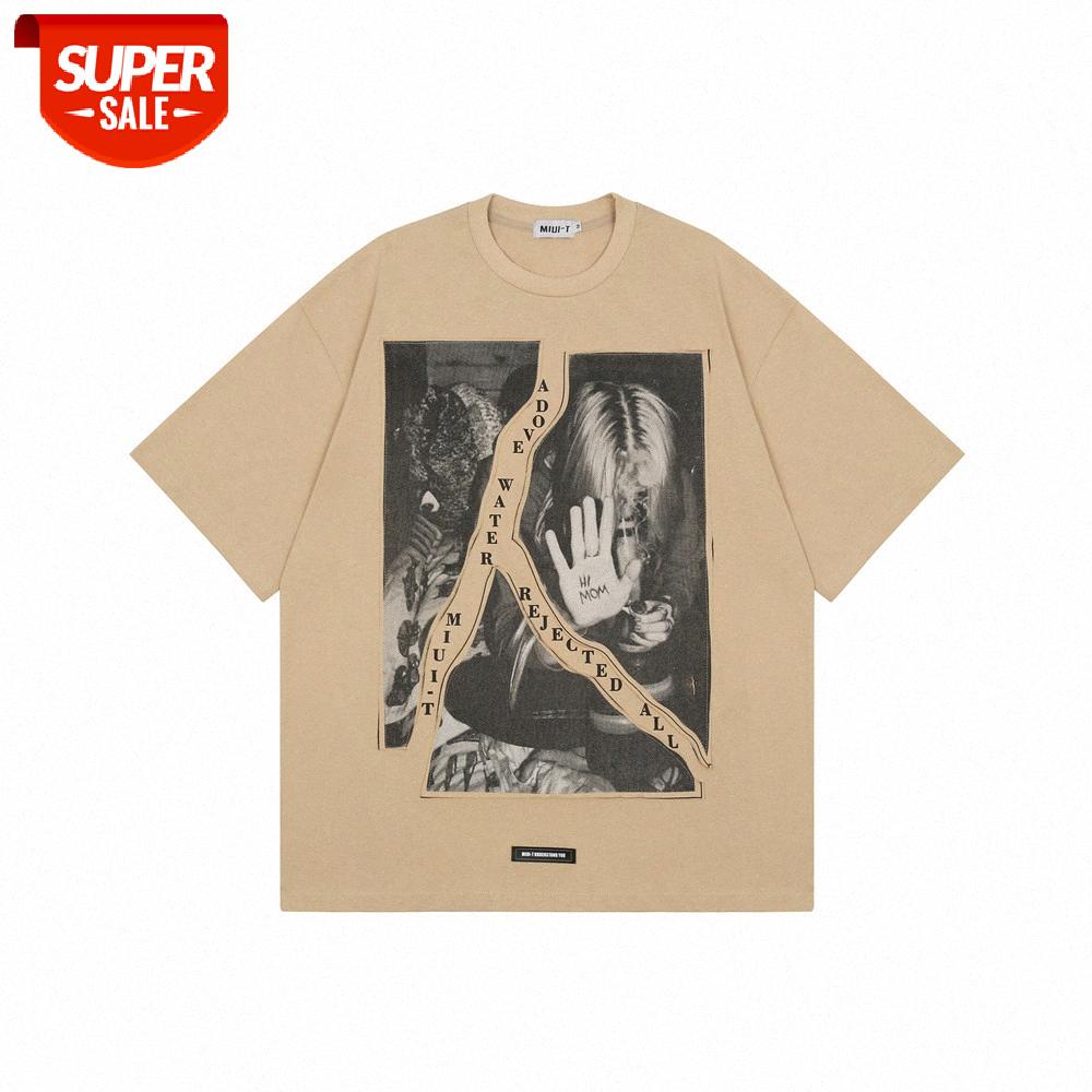 

Patch character print short-sleeved T-shirt men's style loose half-sleeved street flow round neck five-point sleeves #iP5f, White;black