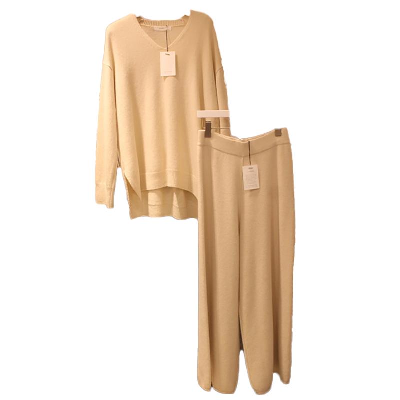 

Women' Two Piece Pants SuperAen Suit Autumn Solid All Match Full V Neck Pullover With Elastic Waist Loose Wide-leg Pieces Sets, Brown