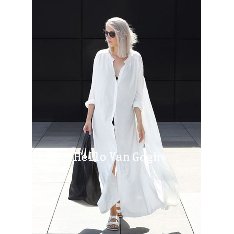 

Shiyou four side open button self made gas field simple dress long loose large size shirt skirt, A- white