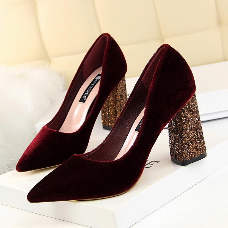 

Dress Shoes Spring Red Velvet Pointed High Heels Chunky Women's Sexy Light Mouth Sequins Wedding, Black