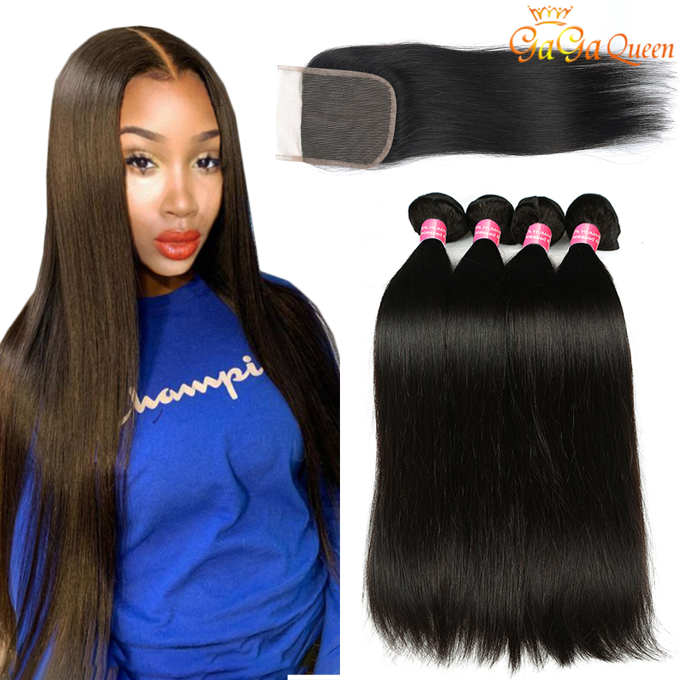 

Brazilian Straight Hair Bundles With Closure Unprocessed Virgin Human Hair With Lace Closure, Middle part