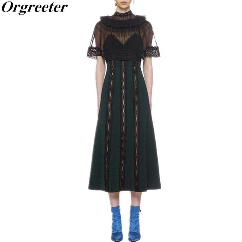 

Summer Runway Designe High Quality Sexy Perspective Ruffle Lace Dress Women Cloak Sleeve Green Patchwork Vestidos 210525