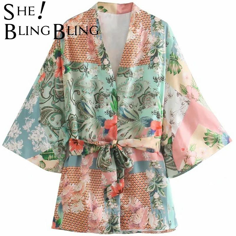 

Women's Blouses & Shirts SheBlingBling Printed Casual Holiday Women Fashion Open Front Raglan Sleeve Loose Female Long Tops With Sashes, White