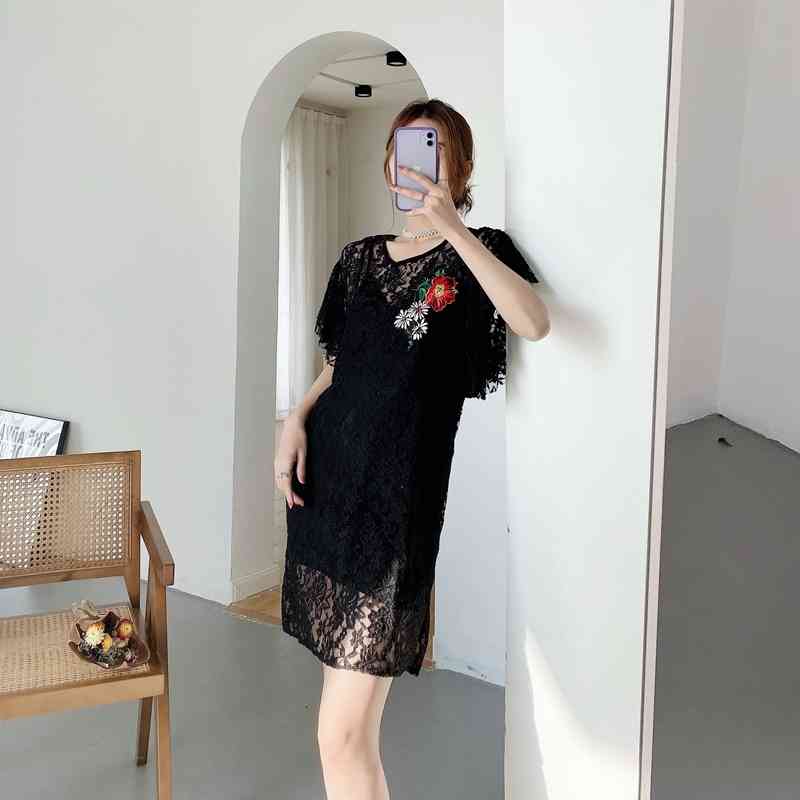 

Fashion Cascading Ruffles Lace Dress Summer Knee Length Eleagnt Floral Embroidery Black Party Women XZ2332 210603