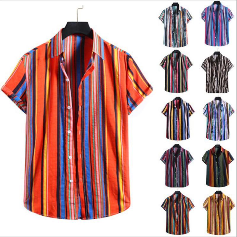 

Men's Casual Shirts Hawaiian Style Color Stripe Printing Short-Sleeved Shirt Spring Summer Beach Loose Holiday Top XXL 2021, Cy17 black pink