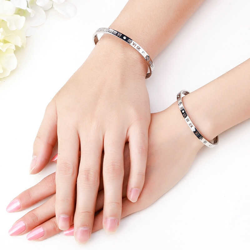 

Yun Ruo Fashion Roman Number Couple Bangles Rose Gold Color Women Man Gift Titanium Steel Jewelry Not Change Color Drop Shipping Q0717