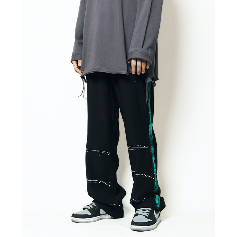 

2021 New Original Side Strip Painted Ripped Jeans Pants Mens High Street Straight Washed Loose Casual Denim Trousers Poqz, Black