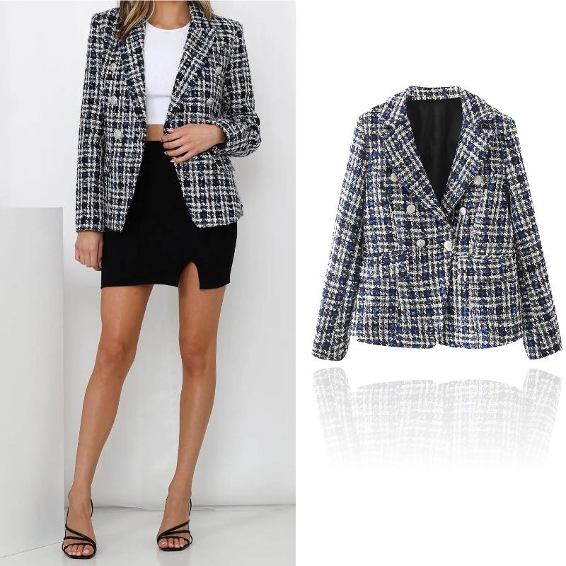 

Women' Wool & Blends Vintage Women 2021 Long Sleeve Coats Fashion Ladies Double Breasted Woolen Thick Plaid Coat Female Streetwear Elegant, Blue