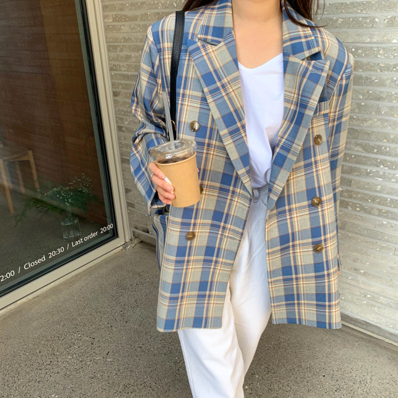 

2021 New Woman Jacket Fall Clothes Jackets Winter Kpop Coat Harajuku Oversized Fashion Vintage Plaid Halloween Tops 048p, Blue