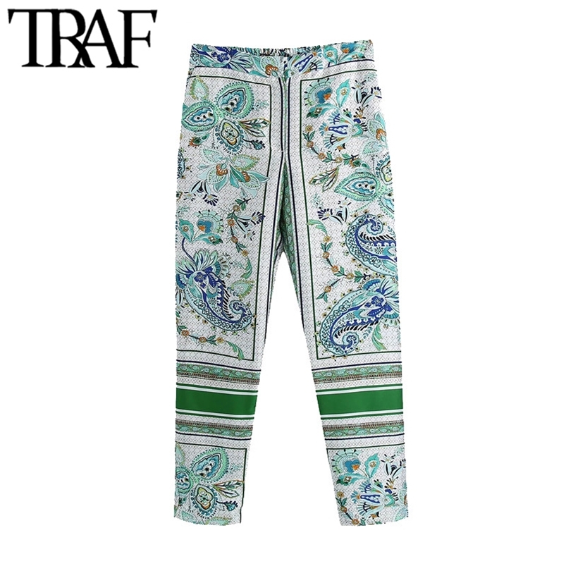 

TRAF Women Chic Fashion Side Pockets Paisley Print Pants Vintage High Waist Zipper Fly Female Ankle Trousers Mujer 210721, As picture