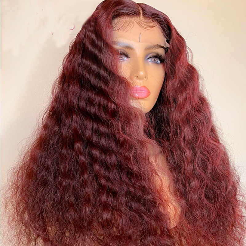 Costume Accessories 99J Red Color Kinky Curly Wigs Lace Front Wigs For Women With Baby Hair Heat Resistant Synthetic Wigs Daily Wig Cosplay-image-749168369